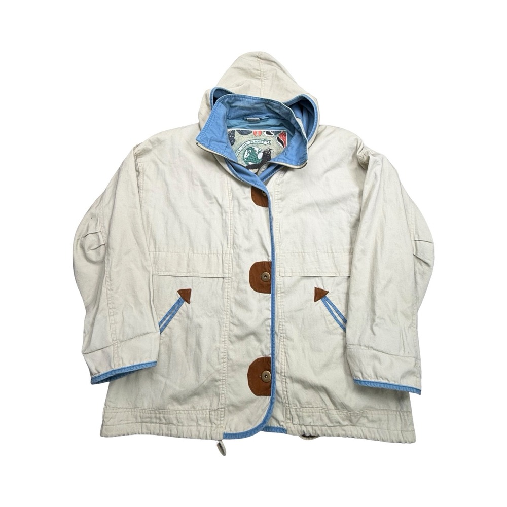 Save the Planet Hooded Jacket Unisex L Beige Blue Cotton Canvas Vintage Coastal